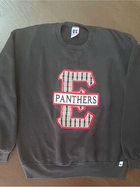 VTG 90s Russell Athletic Panthers Sweatshirt Mens XL Black Plaid E Logo USA